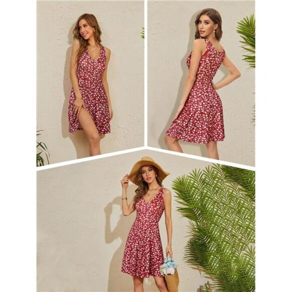 Womens Sleeveless V Neck Dress with Pocket Summer Beach Midi Flared Tank - Picture 4 of 6